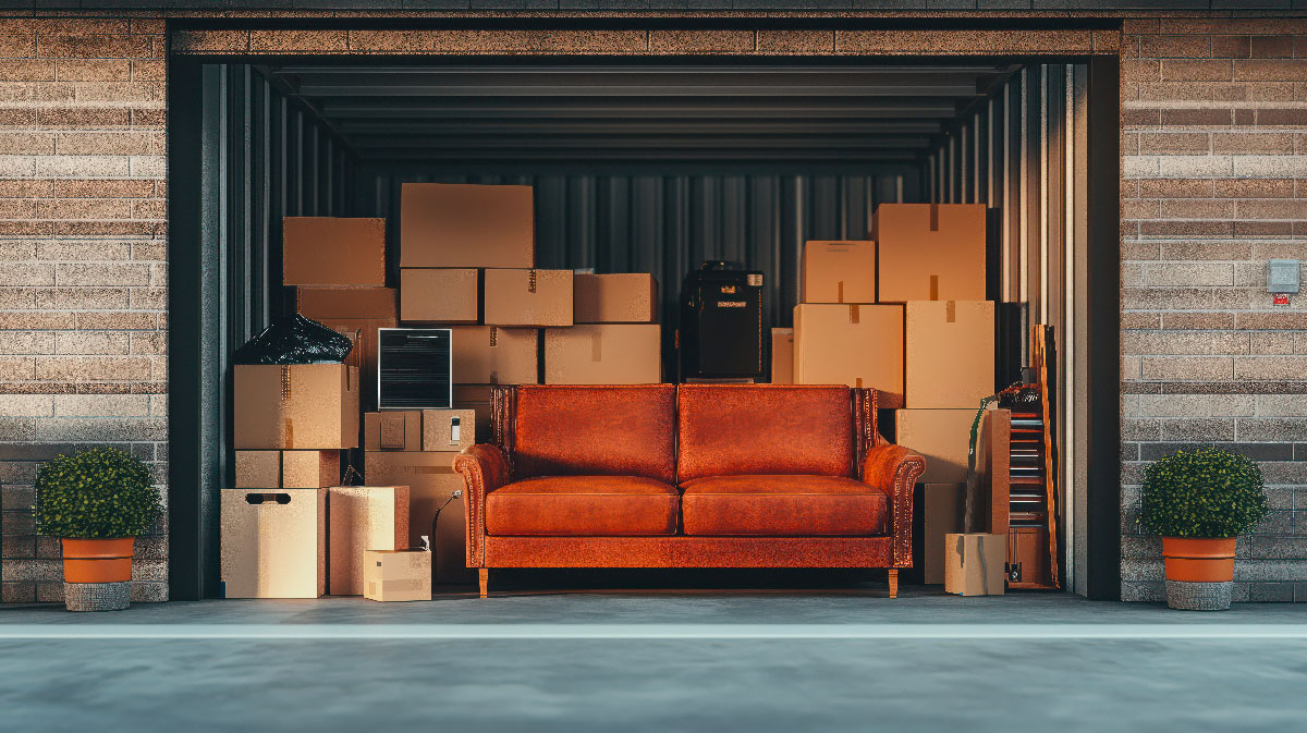 Vista frontale di un container o box di deposito self-storage, contenente un divano e pile di scatoloni, per un servizio di custodia mobili sicuro