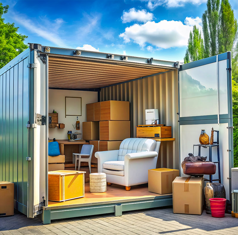 Container di deposito esterno aperto, con l'interno organizzato con scatole di cartone, una poltrona e altra mobilia, pronto per il self-storage