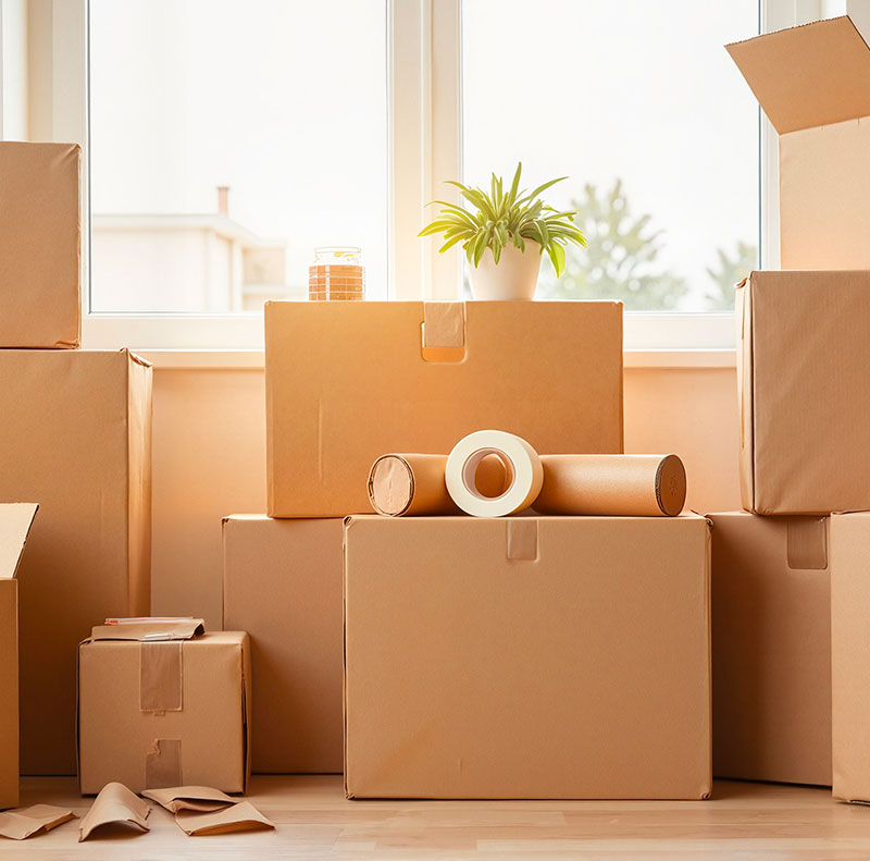 Scatoloni di cartone impilati con rotoli di nastro adesivo e materiali da imballo, che mostrano la fase di preparazione organizzata per il trasloco