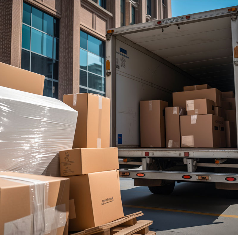 Pile di scatoloni di cartone e oggetti avvolti in pellicola protettiva, pronti per essere caricati nel furgone di traslochi davanti a un palazzo moderno