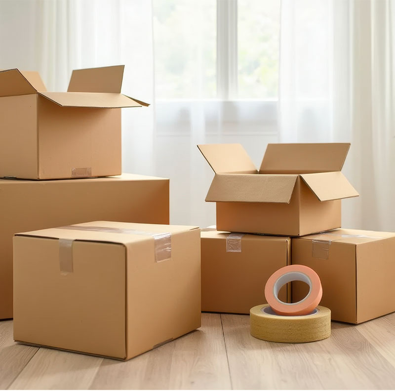 Primo piano di scatoloni di cartone di diverse dimensioni, alcuni aperti e pronti per l'uso, con rotoli di nastro adesivo per la sigillatura