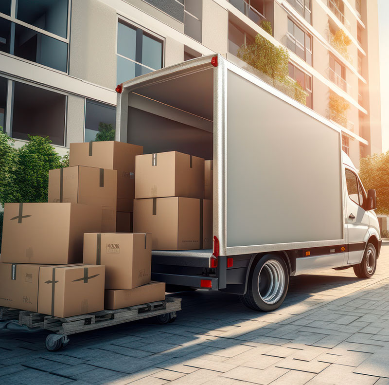 Furgone parcheggiato davanti a un palazzo moderno, con scatoloni di cartone caricati su un pallet a rotelle per una logistica di trasloco efficiente