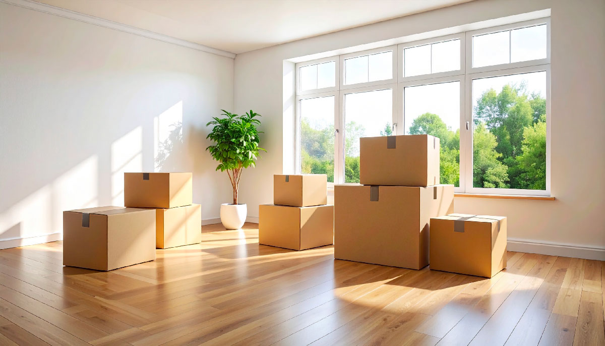 Pile di scatoloni di cartone posizionate ordinatamente sul pavimento in legno in una stanza residenziale vuota e molto luminosa, pronta per l'allestimento