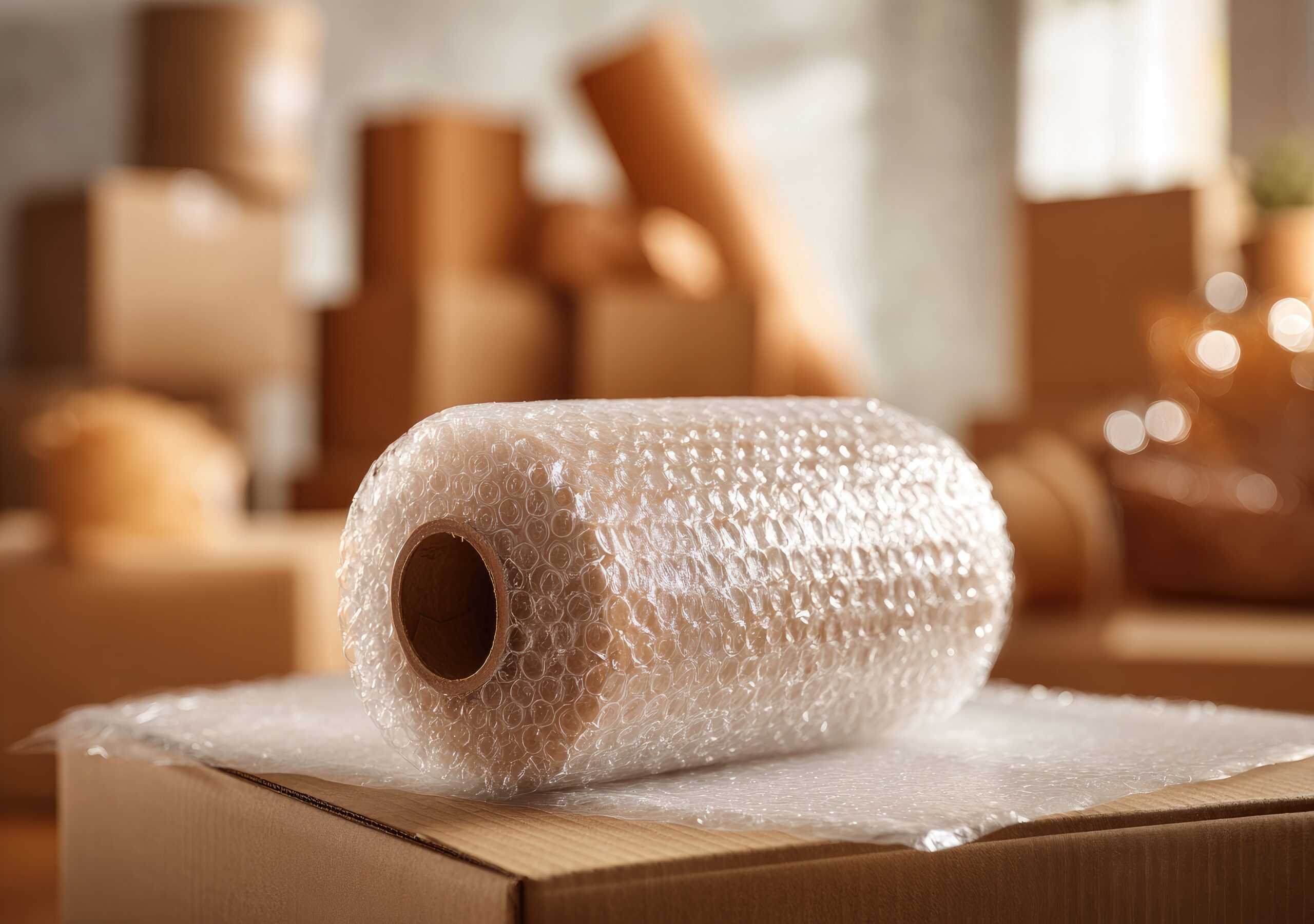 Rotolo di pluriball per imballaggio protettivo appoggiato su uno scatolone di cartone pronta per il trasloco